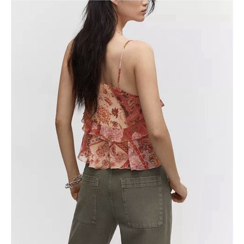 Patchwork Floral Ruffle Tiered Cami Top S MNG Mango Boho Smocked Peplum Summer - Picture 15 of 16